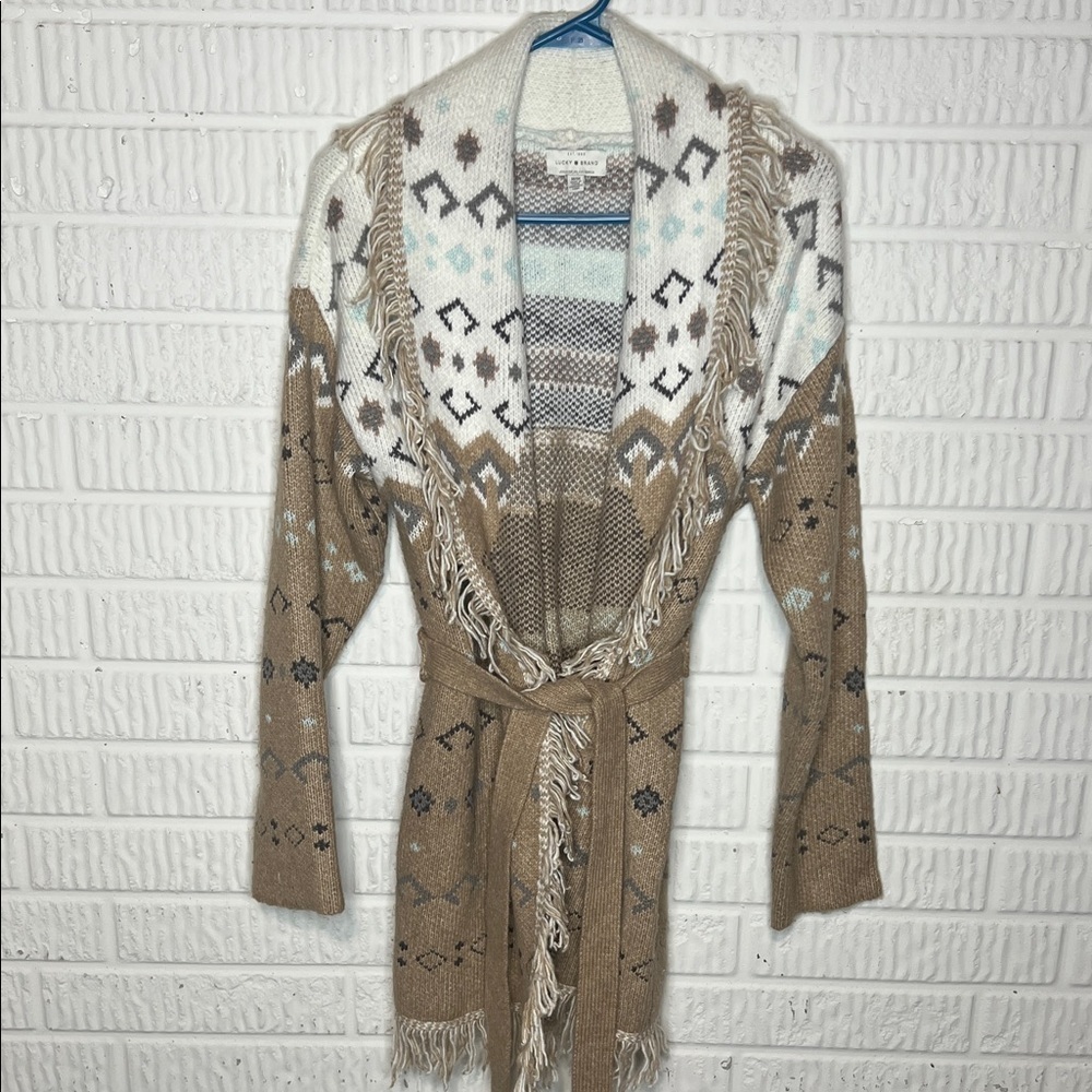 Lucky Brand Patterned Beige and White Women's Sweater Cardigan